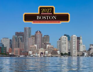 Decorative Boston sign reading '2027' and 'Boston' over a blue sky with a city skyline below, framing a calendar-themed graphic.