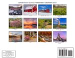 Collage of twelve Connecticut scenic photos for the 2027 calendar, with captions naming each site (West Cornwall Covered Bridge, Tolland, Grandview Farm, Harkness Memorial Park, Fairfield, Groton, Kitt Brook, Avery Point Lighthouse, Litchfield, Essex, Chester, Most Holy Trinity Church).