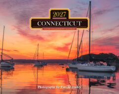 Calendar cover showing a sunset marina with sailboats and a bold 'CONNECTICUT' title for 2027 Scenic Engagement Calendar overlayed in the center.