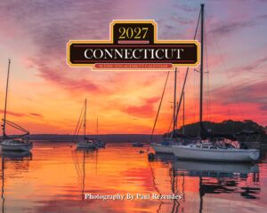 Calendar cover showing a sunset marina with sailboats and a bold 'CONNECTICUT' title for 2027 Scenic Engagement Calendar overlayed in the center.