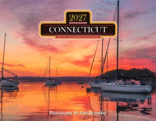 Calendar cover showing a sunset marina with sailboats and a bold 'CONNECTICUT' title for 2027 Scenic Engagement Calendar overlayed in the center.