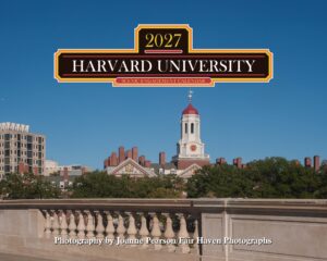 Harvard University 2027 scenic engagement calendar banner over a blue sky above campus buildings and a clock tower.