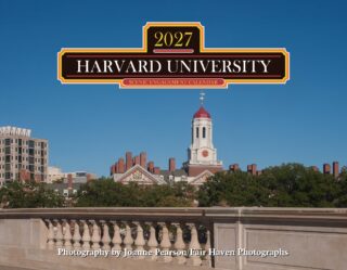 Harvard University 2027 scenic engagement calendar banner over a blue sky above campus buildings and a clock tower.