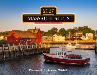 Harbor scene with a red boathouse and boats along the water, overlaid by a large Massachusetts 2027 Scenic Engagement Calendar logo.