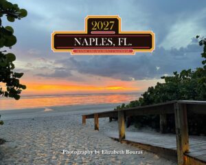 Decorative sign over a sunset beach reads 'Naples, FL' and 'Scenic Engagement Calendar 2027'.