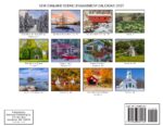 Collage of 12 New England scenic photos for the 2027 engagement calendar, showing forests, ponds, barns, towns, and landscapes labeled with locations.