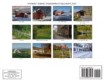 Collage page for the Vermont Scenic Engagement Calendar 2027 showing twelve Vermont scenes with town captions (Waterville, Pomfret, East Wallingford, Silk Road Covered Bridge Bennington, Moretown, East Montpelier Center, Bristol, Silver Lake, Warren, Townsend, Brattleboro, Woodstock).